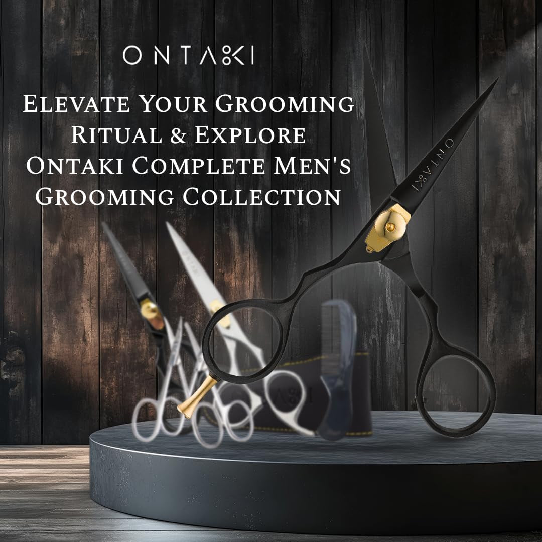 Beard & Mustache Scissors for Men - 5.5" Japanese Steel, Black - Precision Sharp Blades, Ergonomic Finger Rest & Adjustable Tension Screw for Perfect Trimming - Beard Scissors for Men