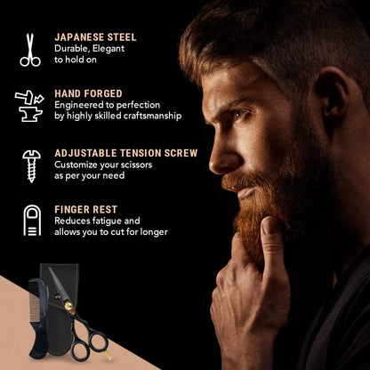 Beard & Mustache Scissors for Men - 5.5" Japanese Steel, Black - Precision Sharp Blades, Ergonomic Finger Rest & Adjustable Tension Screw for Perfect Trimming - Beard Scissors for Men